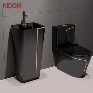 Kidoir Luxury One Piece Bathroom Ceramic Wc Water Closet Porcelain Gold Black Colored Toilets Bowl with Pedestal Basin