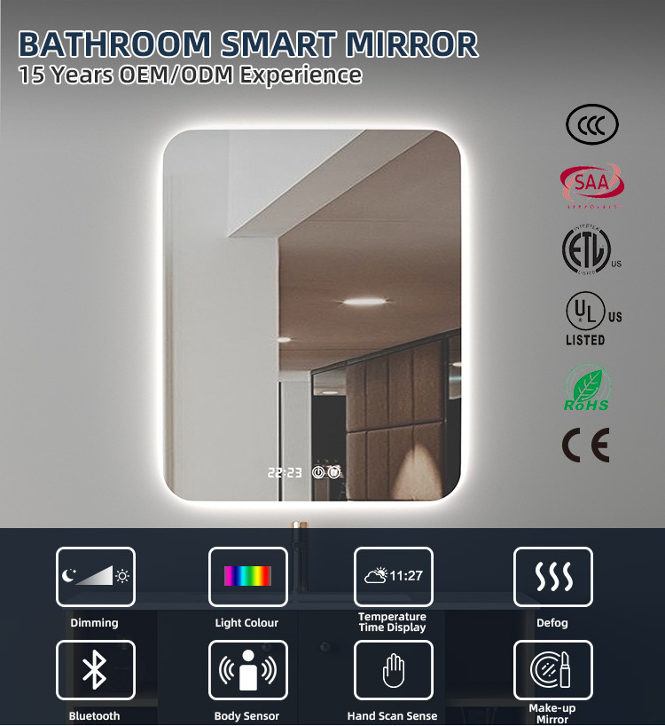 Kidoir Rectangle Bathroom Wall Mount Anti Fog Touch Screen Smart Led Mirror Bathroom Mirror With Led Light Time Display