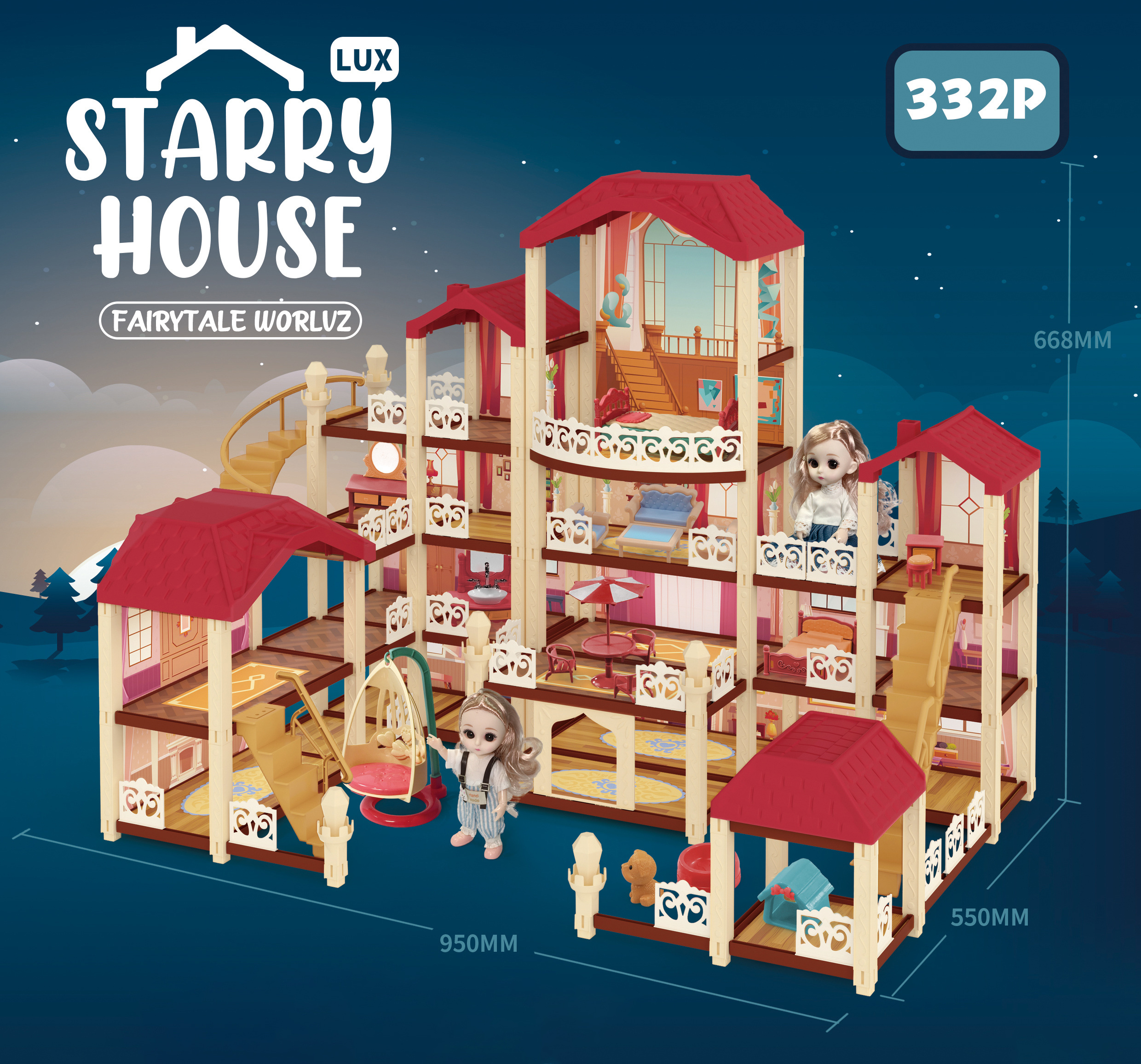 Fashion 3d Starry Dollhouse Furniture Accessories Toys Pretend Play Diy Big Size 4 Floor Doll Villa House Model Toy For Girls