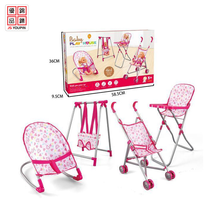 High Quality 4 In 1 Fashion Girl Play House Toy Baby 14 Inch Small Doll Stroller Toy Set