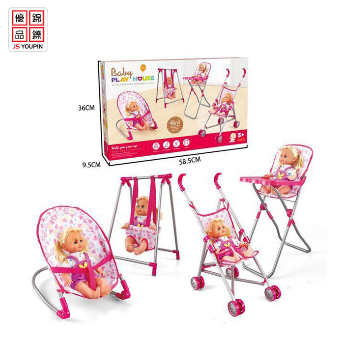 High Quality 4 In 1 Fashion Girl Play House Toy Baby 14 Inch Small Doll Stroller Toy Set