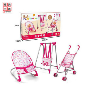 High Quality 4 In 1 Fashion Girl Play House Toy Baby 14 Inch Small Doll Stroller Toy Set