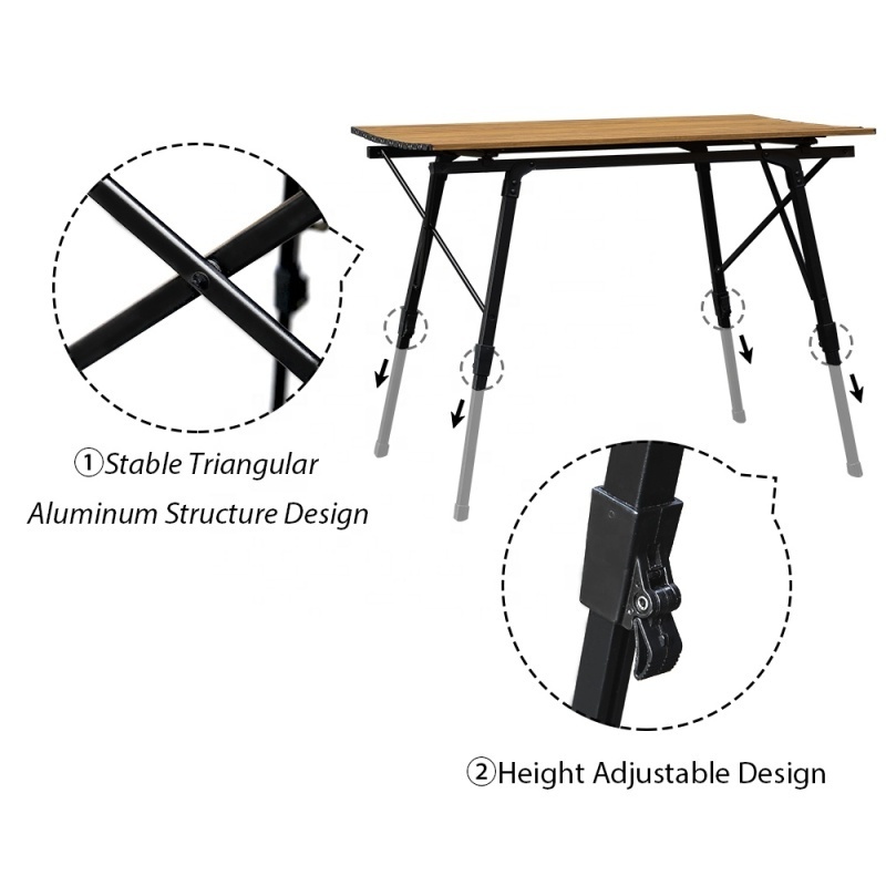 Outdoor Aluminum Wood Roll Table Top Height Adjustable Folding Camping Portable Table Ajustable Picnic High Camping Table