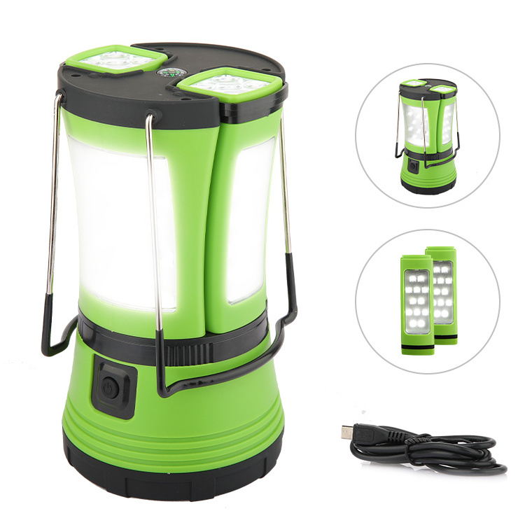 Portable Plastic Emergency Two Ways Powered Rechargeable Led Camping Lantern with 2 Detachable Flashlight