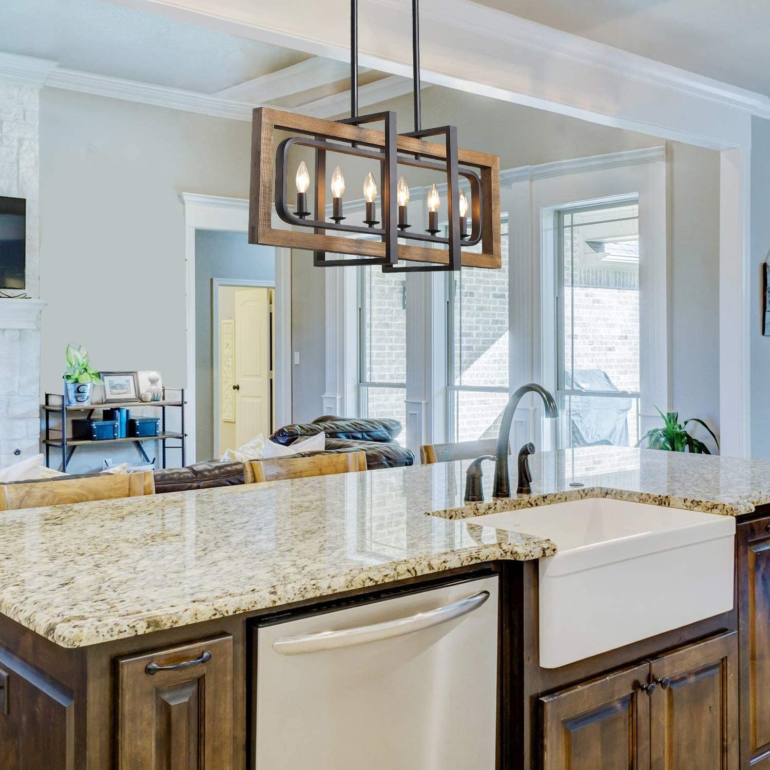 Farmhouse Chandelier, Barn Light in Rustic Black Metal Finish & Rustic Wood Kitchen Island Lighting Dinning Room Design