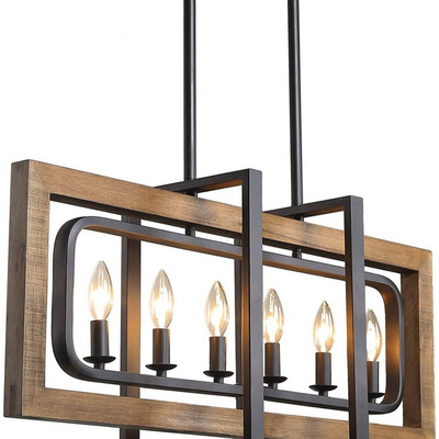 Farmhouse Chandelier, Barn Light in Rustic Black Metal Finish & Rustic Wood Kitchen Island Lighting Dinning Room Design