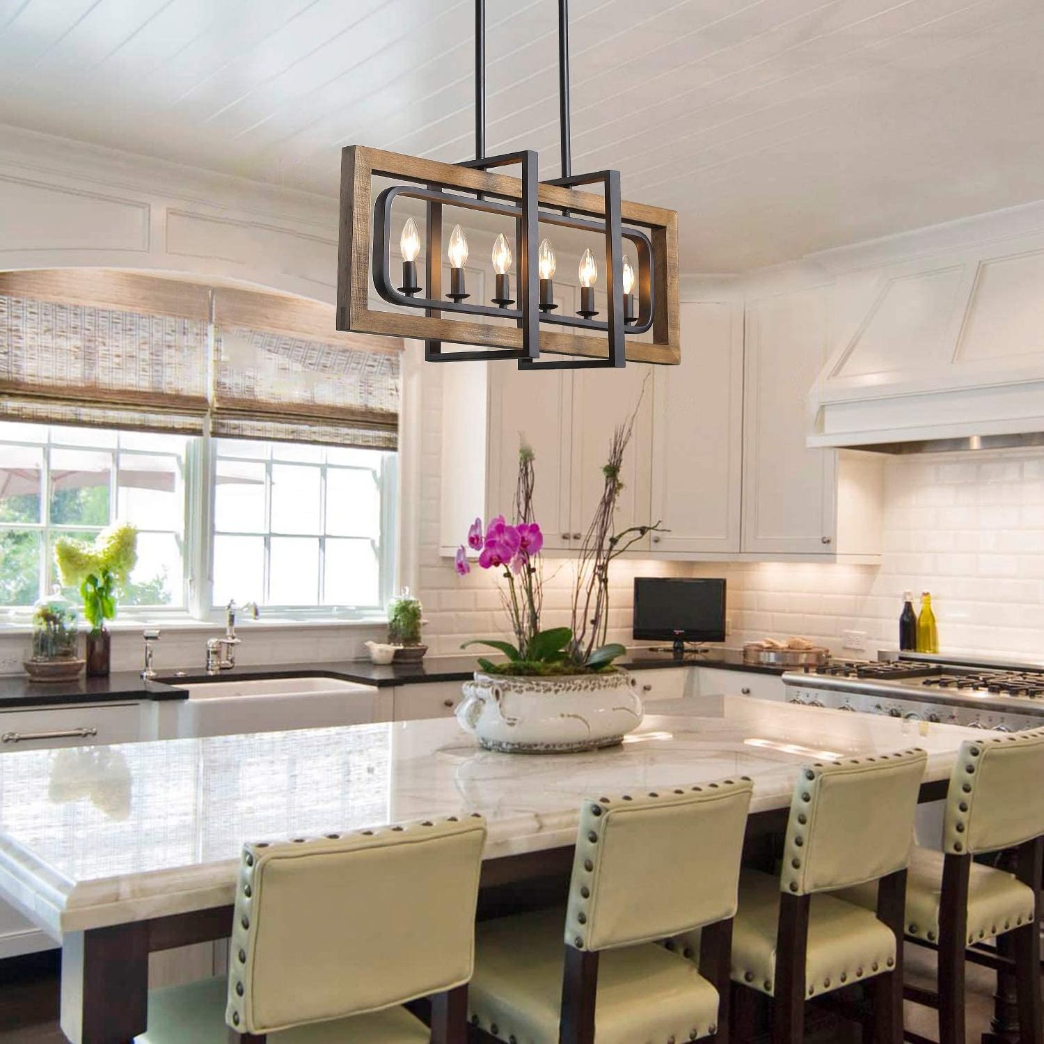 Farmhouse Chandelier, Barn Light in Rustic Black Metal Finish & Rustic Wood Kitchen Island Lighting Dinning Room Design