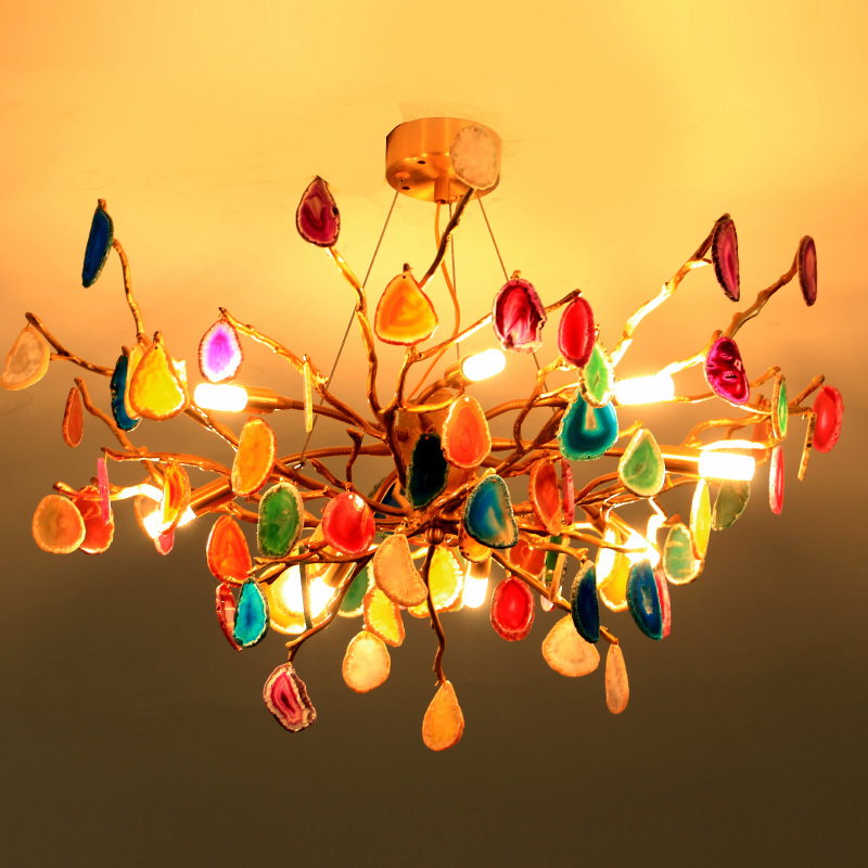 Italy Design Tiffiny Colorful Agate  Flower Handmade Customized Copper Brass Crystal Ceiling Pendant Lamp Chandelier Lighting