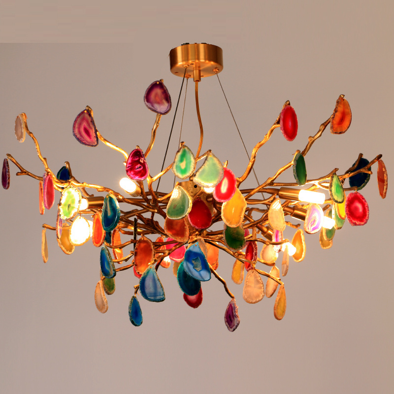 Italy Design Tiffiny Colorful Agate  Flower Handmade Customized Copper Brass Crystal Ceiling Pendant Lamp Chandelier Lighting