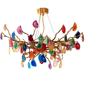 Italy Design Tiffiny Colorful Agate  Flower Handmade Customized Copper Brass Crystal Ceiling Pendant Lamp Chandelier Lighting