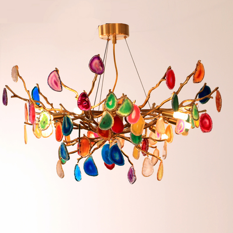 Italy Design Tiffiny Colorful Agate  Flower Handmade Customized Copper Brass Crystal Ceiling Pendant Lamp Chandelier Lighting