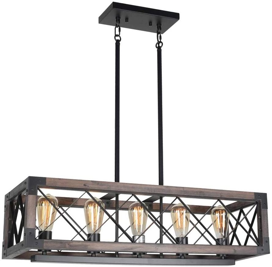 5-Light Rustic Rectangle Light Fixture Wood Farmhouse Kitchen Island Cage Chandelier Black Metal Industrial Pendant Light