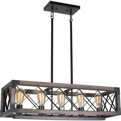 5-Light Rustic Rectangle Light Fixture Wood Farmhouse Kitchen Island Cage Chandelier Black Metal Industrial Pendant Light