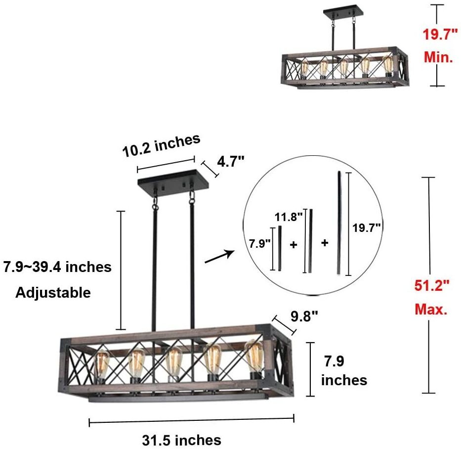 5-Light Rustic Rectangle Light Fixture Wood Farmhouse Kitchen Island Cage Chandelier Black Metal Industrial Pendant Light