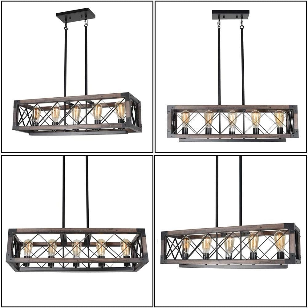 5-Light Rustic Rectangle Light Fixture Wood Farmhouse Kitchen Island Cage Chandelier Black Metal Industrial Pendant Light