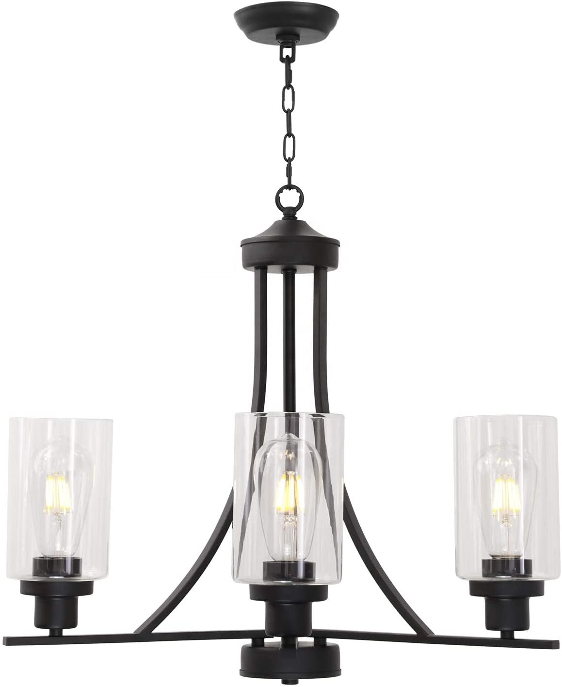 Contemporary Glass Chandelier 3 Lights Black Metal Vintage Industrial Flush Mount Pendant Light Kitchen Living Room Decor