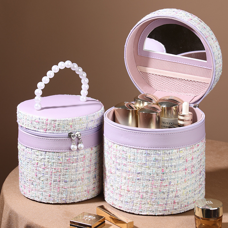 New Hot Selling Tweed Fabric Pearl Handle Portable Travel Cosmetic Bags Cases Toiletry Train Case Makeup Organizer Vanity Bag