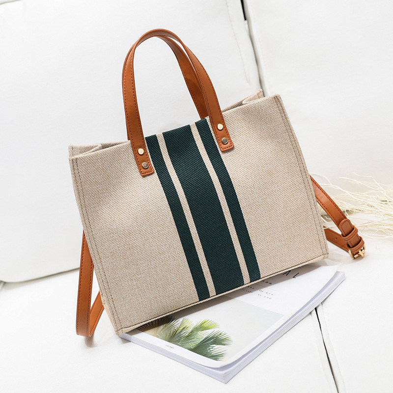 Wholesale Heavy Duty Thick Cotton Linen Striped Jute Tote Bag with Leather Handles Office Lady Women Burlap Tote Bags