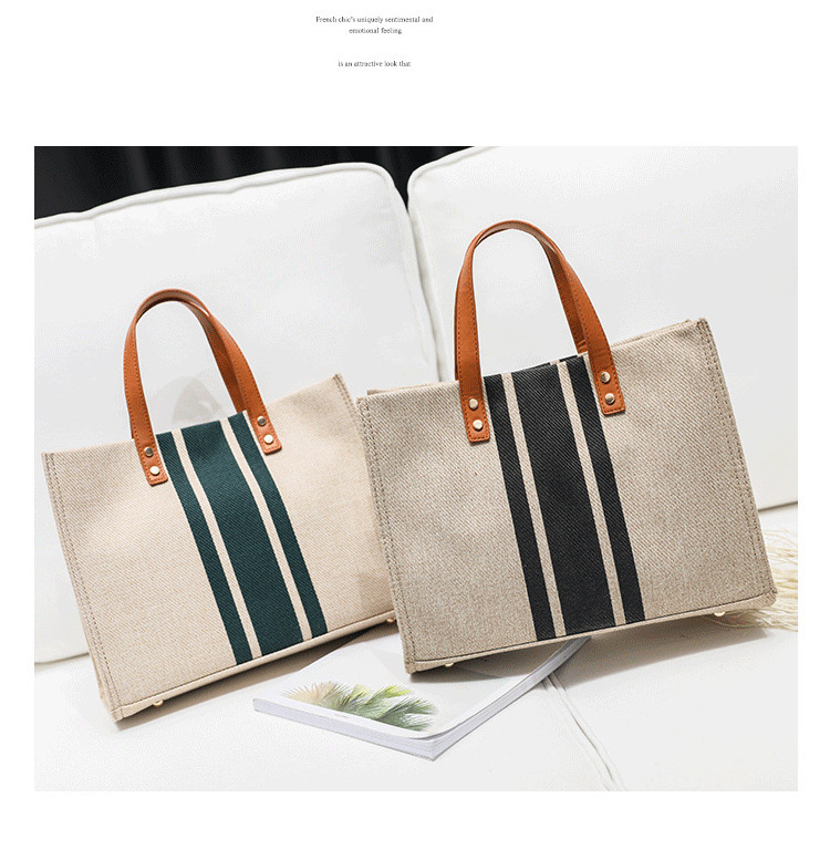 Wholesale Heavy Duty Thick Cotton Linen Striped Jute Tote Bag with Leather Handles Office Lady Women Burlap Tote Bags