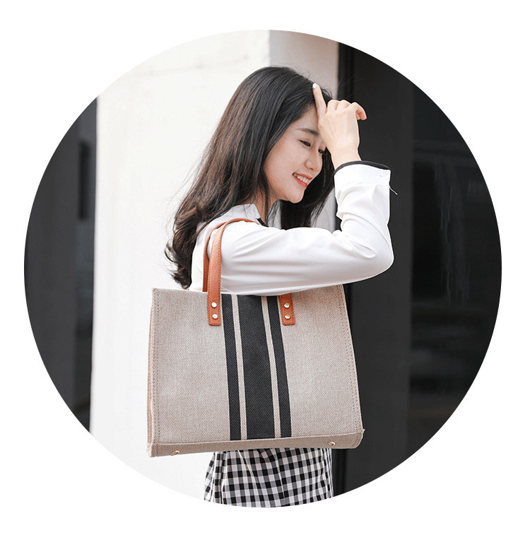 Wholesale Heavy Duty Thick Cotton Linen Striped Jute Tote Bag with Leather Handles Office Lady Women Burlap Tote Bags