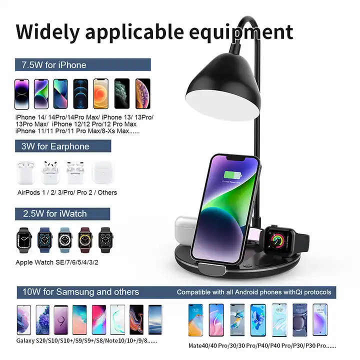 15W Qi Wireless Charger LED Lamp 4 In 1 Multi-Function Table Lamp Adjustment Led Desk Lamp with Wireless Charger Table Light