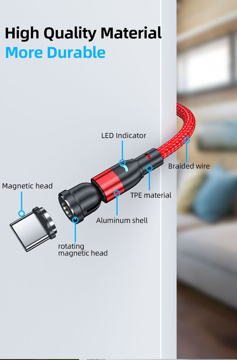 Nylon Braided Data Cable 2.4A charge 540 degree rotation USB Type C magnetic LED Light 3 in 1 phone fast charge cables