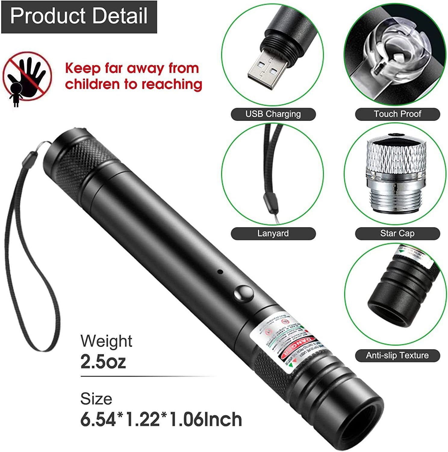 Pen Green Laser Pointer 2000 Meter Long Range High Power Flashlight Rechargeable Pointer for USB with Star head Adjustable Focus