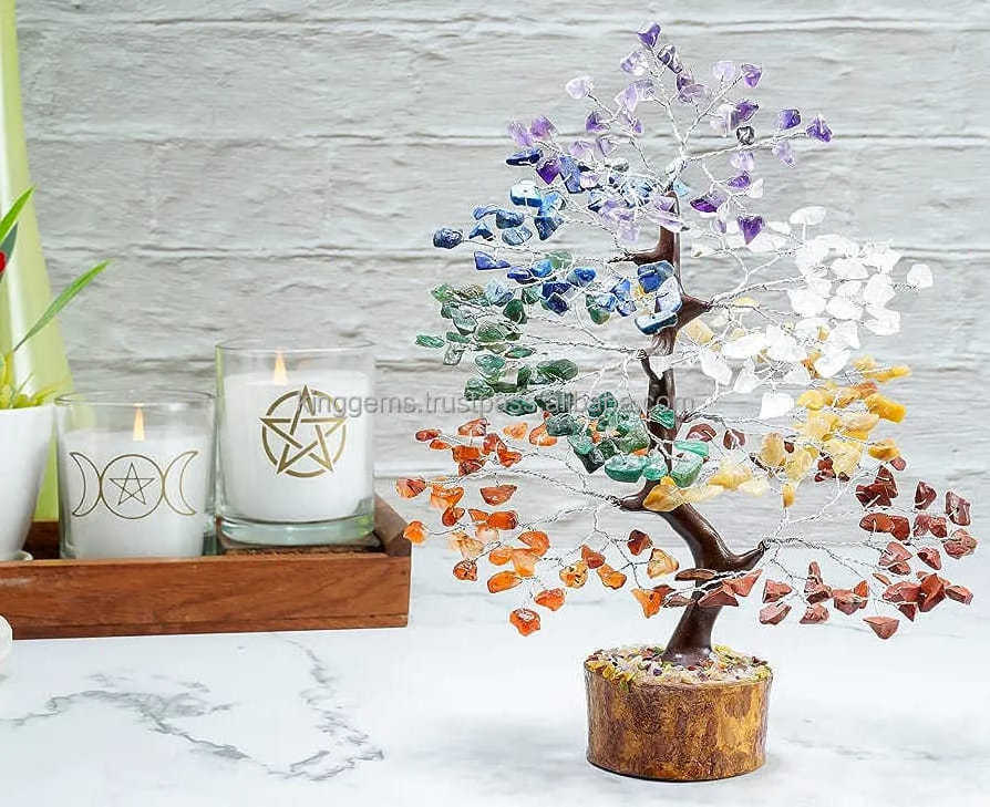 WHOLESALE NATURAL PREMIUM QUALITY 300 CHIPS SEVEN CHAKRA GEMSTONE TREE FOR HOME DECORATION NATURAL REIKI HEALING GEMSTONE TREES