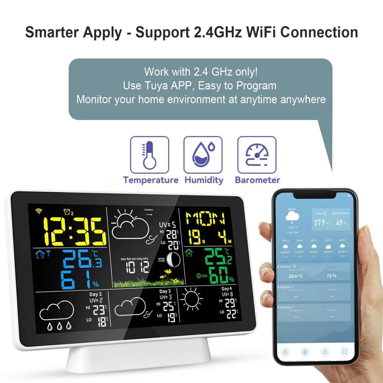 Tuya APP Color Display Digital Temperature Humidity Monitor Wireless Weather Station Wifi with Outdoor Sensor