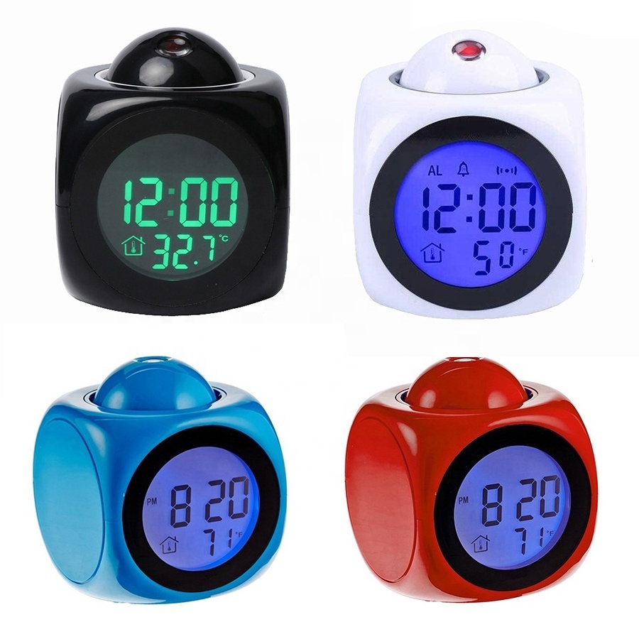 KH-CL012 OEM Small Mini Cube Digital Talking Time Wall Ceiling LED Light Projection Alarm Clock with LED Blue Backlight