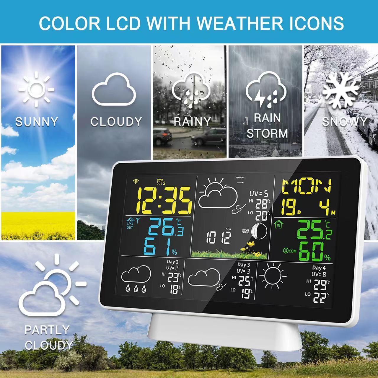 Tuya APP Color Display Digital Temperature Humidity Monitor Wireless Weather Station Wifi with Outdoor Sensor