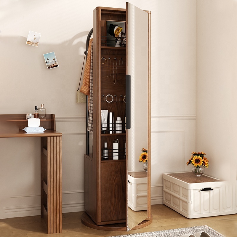 Classic Wooden Hanger Storage Wood Cabinet Rotatable Multi Coat Rack Full-body Dressing Mirror Design Furniture For Bedroom