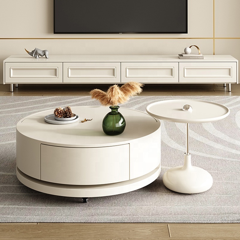 Circular Storage Coffee Table Cream Style New Living Room Home Multi-Functional Wheel Movable Coffee Table