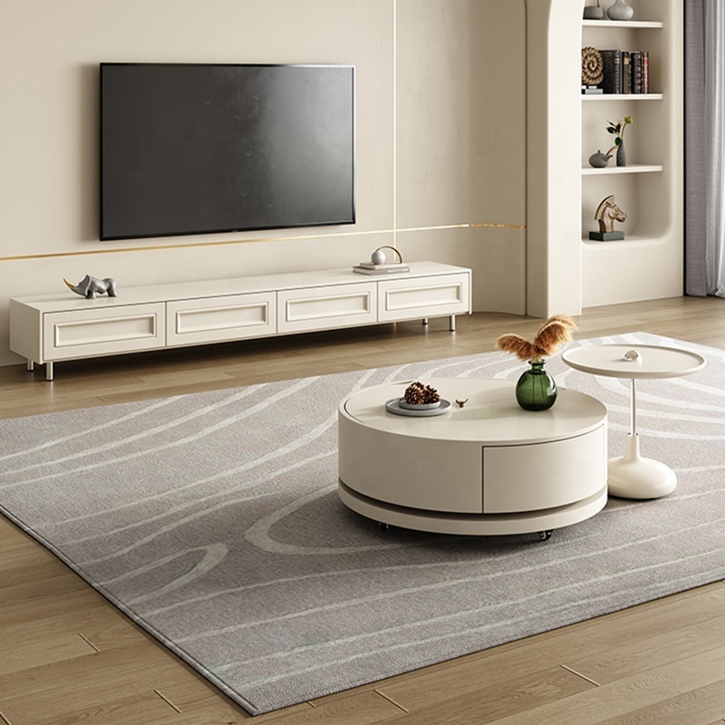 Circular Storage Coffee Table Cream Style New Living Room Home Multi-Functional Wheel Movable Coffee Table