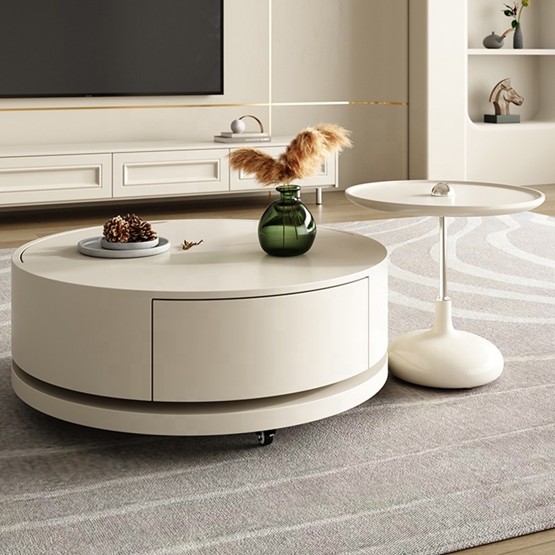 Circular Storage Coffee Table Cream Style New Living Room Home Multi-Functional Wheel Movable Coffee Table