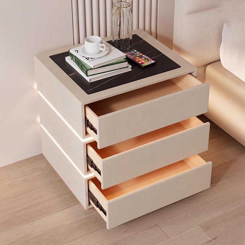 Modern Simple Solid Wood Bedside Table Bedroom Smart Wireless Charging With Light Fingerprint Lock Rotating NightStand