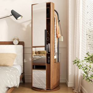 Classic Wooden Hanger Storage Wood Cabinet Rotatable Multi Coat Rack Full-body Dressing Mirror Design Furniture For Bedroom