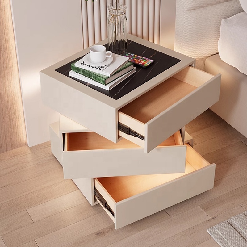 Modern Simple Solid Wood Bedside Table Bedroom Smart Wireless Charging With Light Fingerprint Lock Rotating NightStand