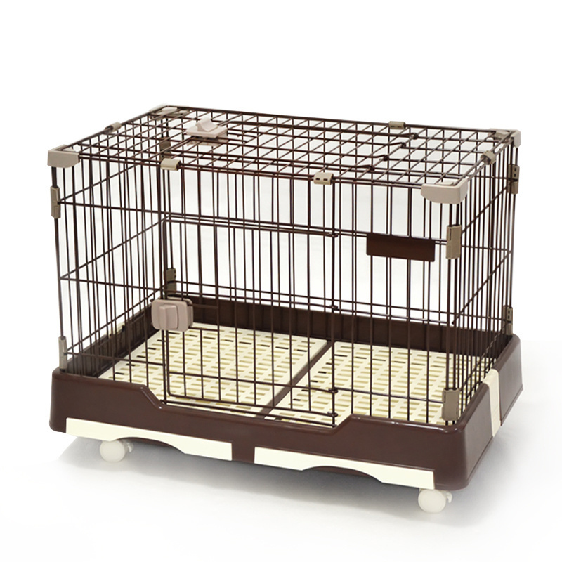 Wholesale Foldable Plastic Metal dog Kennel Fence 2-open Door Pet Dog Cage with Tray and Wheels