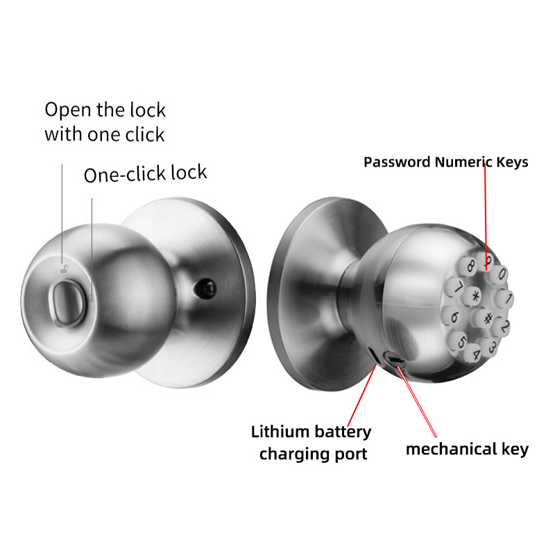 Satin Nickel Door Knob and American Knob Combination Pellet Pushbutton Smart Interior Wood Door Lock