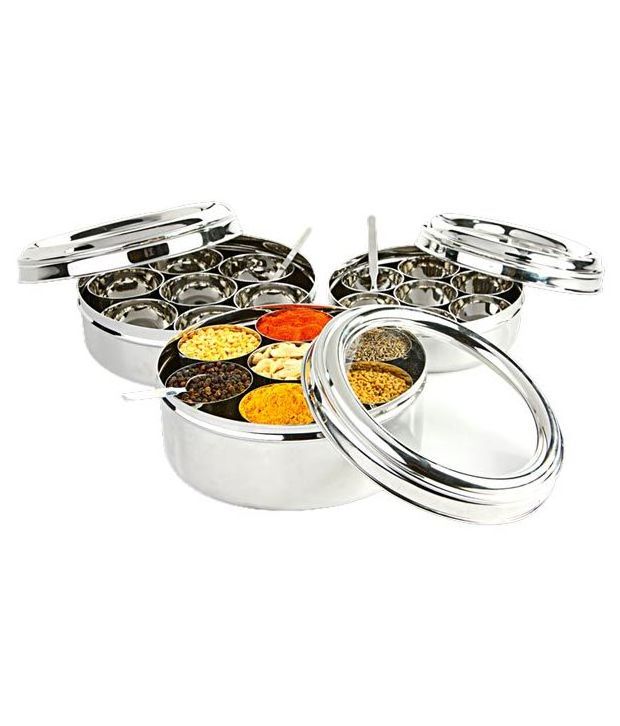 Stainless Steel Round Shape Condiment Set Masala Box for Kitchen Masala Container with Masala Spoon Stainless Steel Spice Box