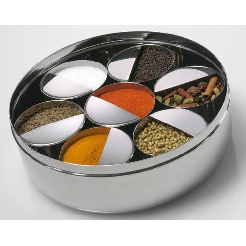 Stainless Steel Round Shape Condiment Set Masala Box for Kitchen Masala Container with Masala Spoon Stainless Steel Spice Box