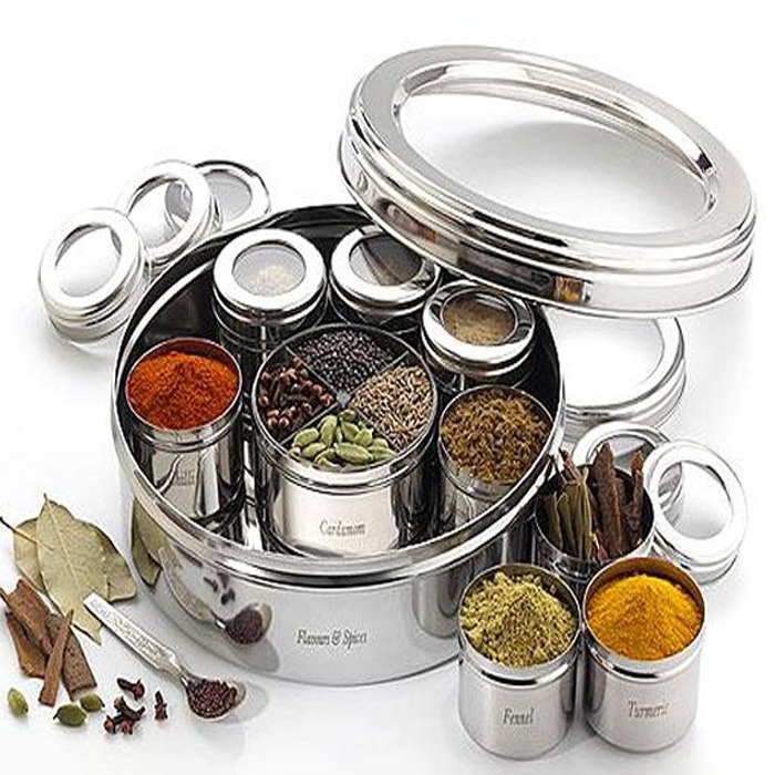 Stainless Steel Round Shape Condiment Set Masala Box for Kitchen Masala Container with Masala Spoon Stainless Steel Spice Box