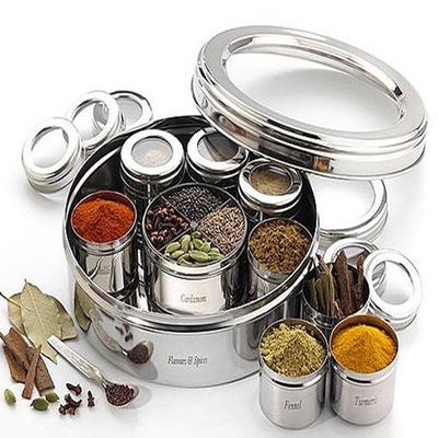 Stainless Steel Round Shape Condiment Set Masala Box for Kitchen Masala Container with Masala Spoon Stainless Steel Spice Box