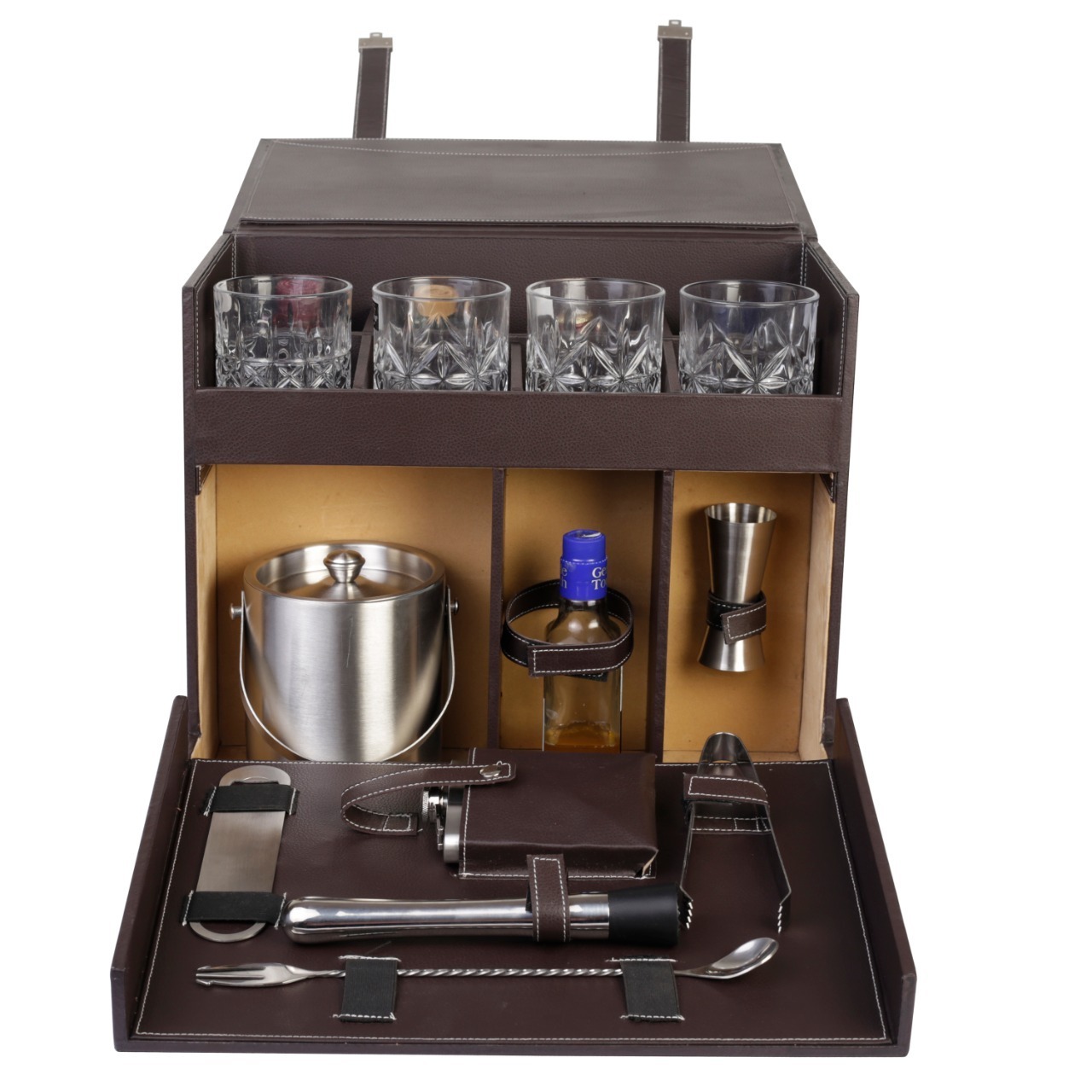 king international   Leather Case Box Stainless Steel Wine Accessories Cocktail Bar Set For Bar briefcase gift box