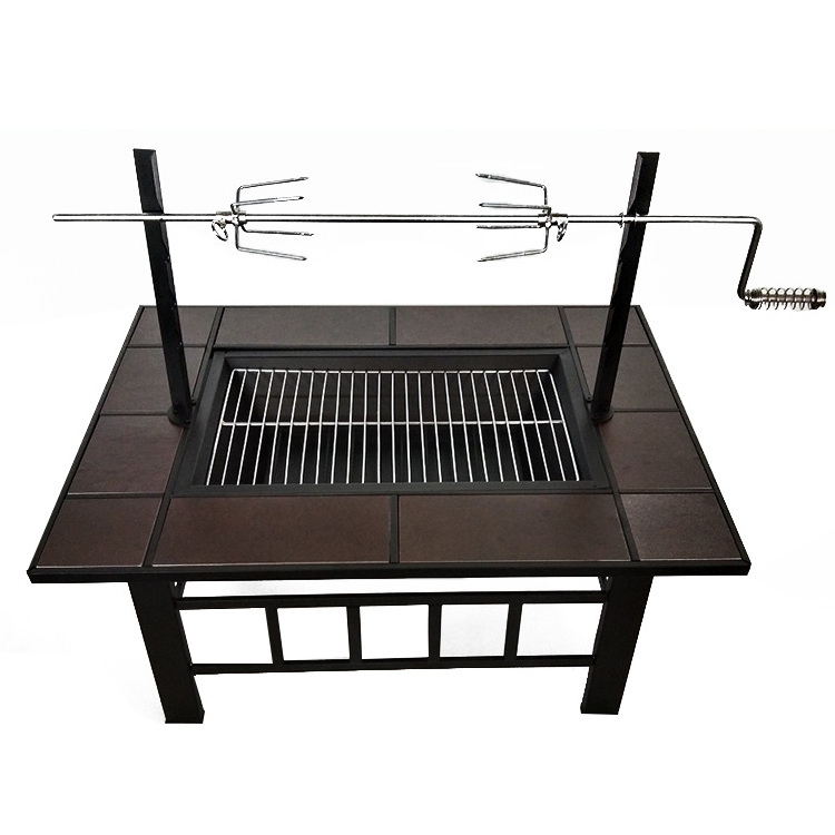 Kingjoy slate table top BBQ grill rotisserie fire pit bowl wood burning heater spark screen table bonfire grill rotisserie stand