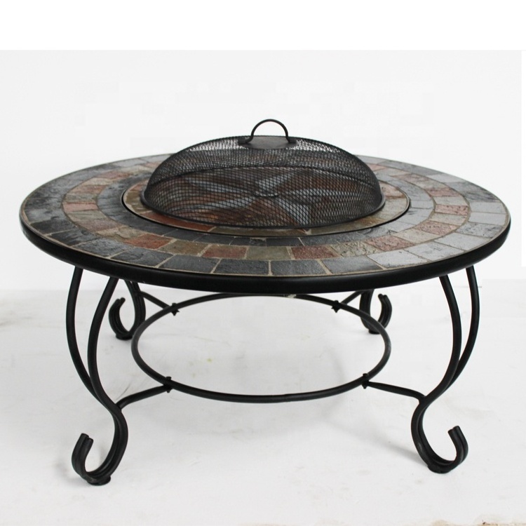 KingJoy Outdoor round black mosaic table fire pit Poker Included Wood Charcoal fuel winter heater BBQ grill table