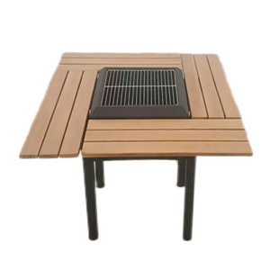 4 seat wooden fire pit table 304 stainless steel grill for backyard cooking BBQ