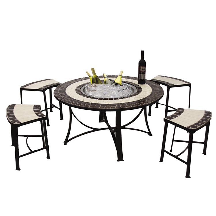 Kingjoy patio cast aluminum dining set with wood fueling BBQ grill round table