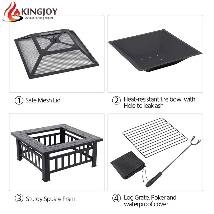 Outdoor Metal Firepit Square Table with spark screen